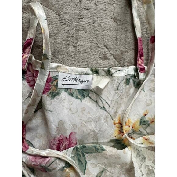 Vintage 90s Women's Floral Satin Slip Nightgown White Lace Trim Size Medium - Picture 6 of 7
